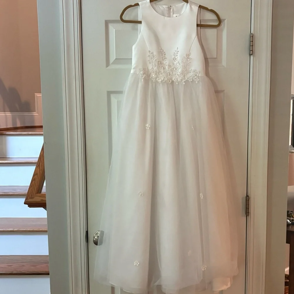 Santa Monica Girls 14 Flower Girl Dress White Formal Communion Beaded Bridal